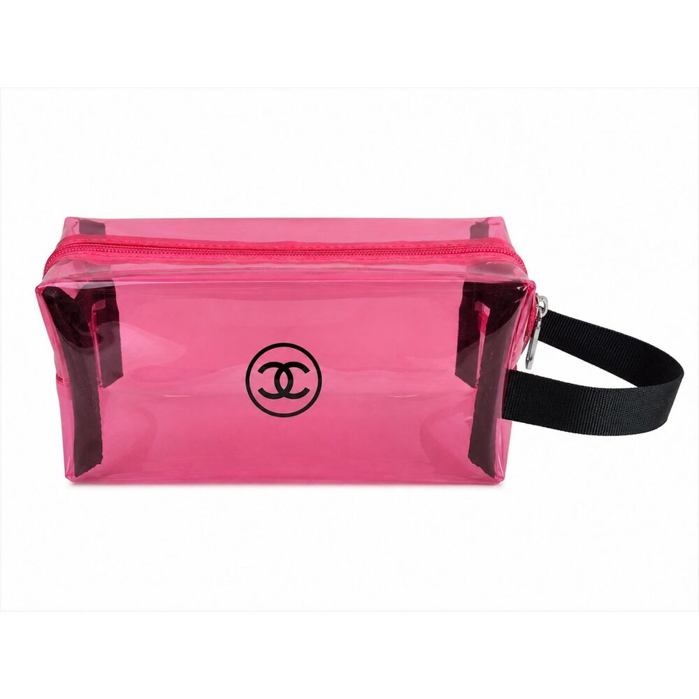 CHANEL PVC Makeup Cosmetic Bag Pink Transparent Clear Wristlet Pouch Zip Logo
